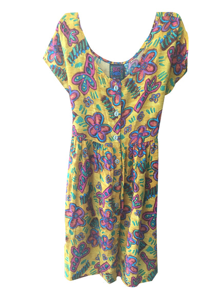 big hed designs dress Vtg Big Hed Designs Black Beige Floral Graffiti Maxi Dress Boho Cover Up S USA